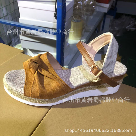 Summer new style fish mouth bow buckle thick-soled wedge sandals for women European and American large size hemp rope-soled flat sandals for women