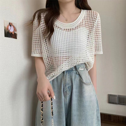 KANING round neck pullover hollow short-sleeved sweater summer thin loose sweet short top sexy blouse