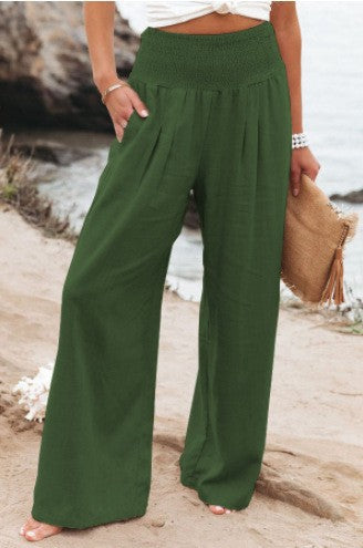 Cross-border independent station Amazon 2024 spring and summer women's clothing cotton and linen solid color elastic waist wide-leg pants casual pants trousers women