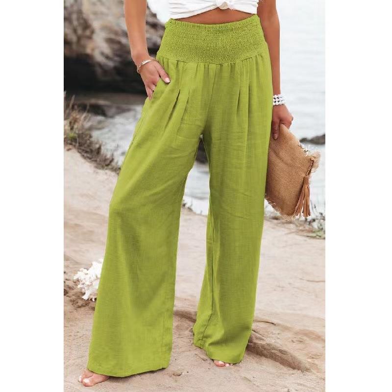 Cross-border independent station Amazon 2024 spring and summer women's clothing cotton and linen solid color elastic waist wide-leg pants casual pants trousers women