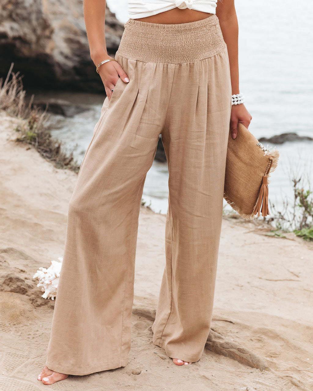 Cross-border independent station Amazon 2024 spring and summer women's clothing cotton and linen solid color elastic waist wide-leg pants casual pants trousers women