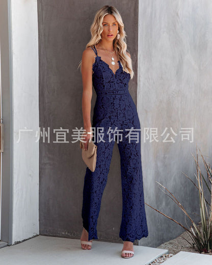 Ins new design 2021 summer sexy temperament women's lace jumpsuit mid-waist casual pants smooth lining