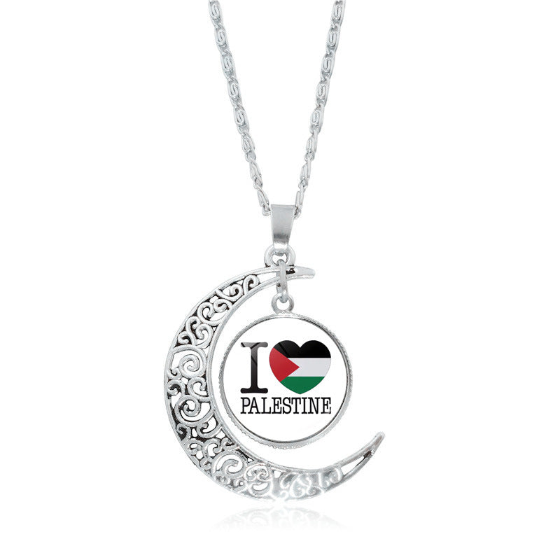 Cross-border Palestinian flag necklace jewelry for women, versatile silver hollow moon pendant, popular small product