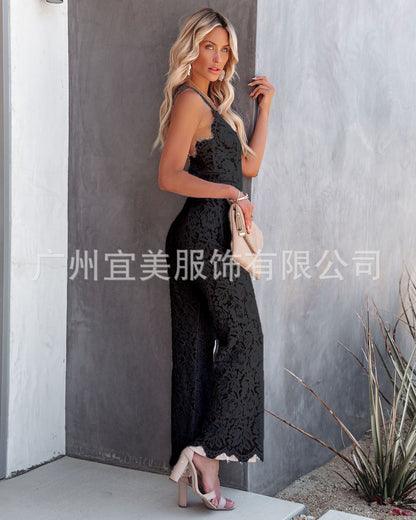 Ins new design 2021 summer sexy temperament women's lace jumpsuit mid-waist casual pants smooth lining