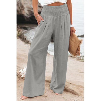 Cross-border independent station Amazon 2024 spring and summer women's clothing cotton and linen solid color elastic waist wide-leg pants casual pants trousers women