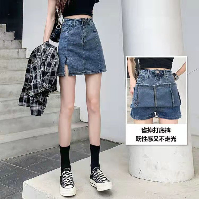 Large size denim skirt for women in summer high waist split hip skirt pants fat MM hot girl skirt slim A-line short skirt