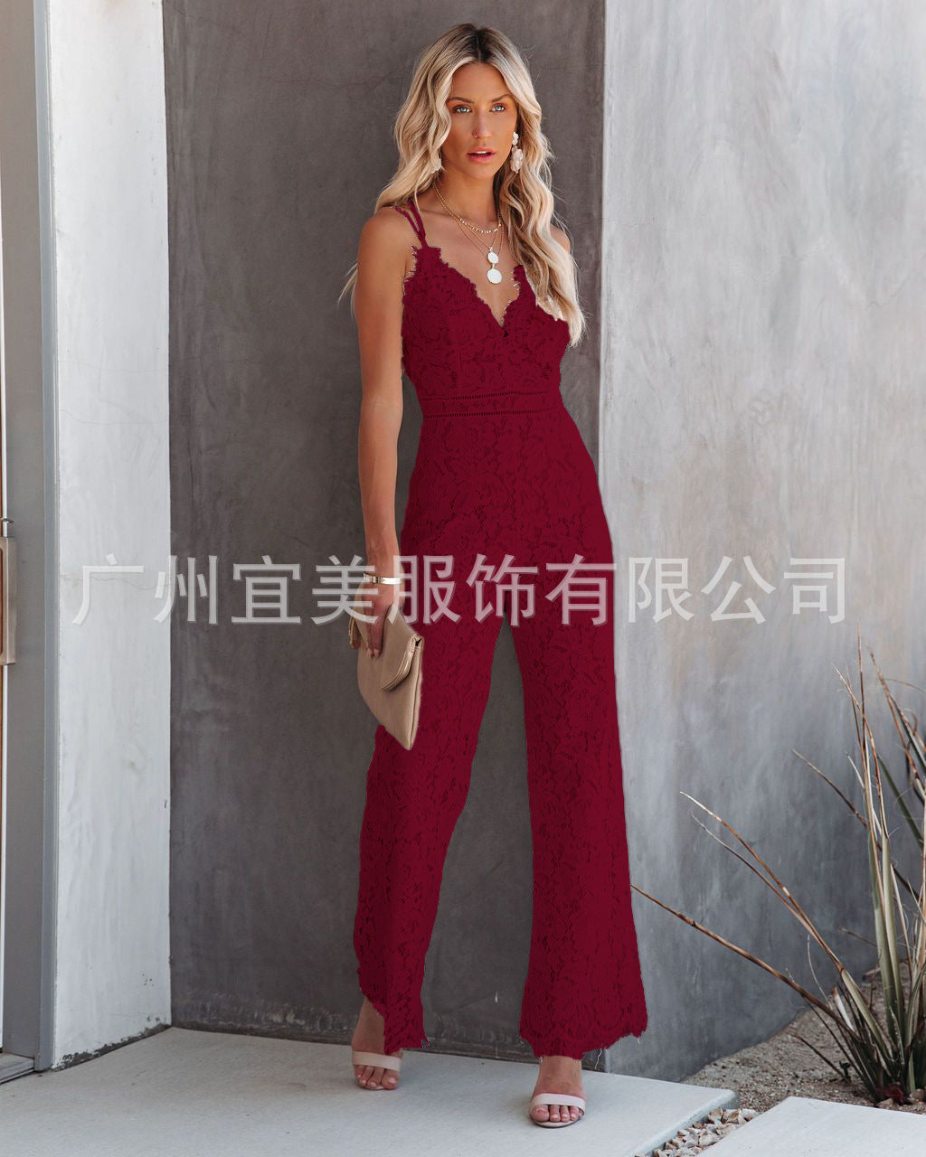 Ins new design 2021 summer sexy temperament women's lace jumpsuit mid-waist casual pants smooth lining