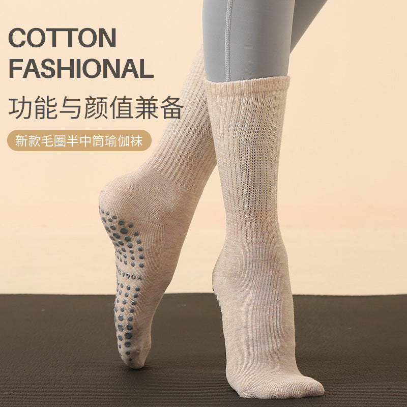 Autumn and winter new professional yoga non-slip socks for women cotton mid-length breathable sweat-absorbent sports running socks Pilates socks wholesale