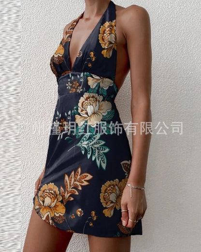 2023 European and American summer beach vacation sexy backless sleeveless trendy short tie dress