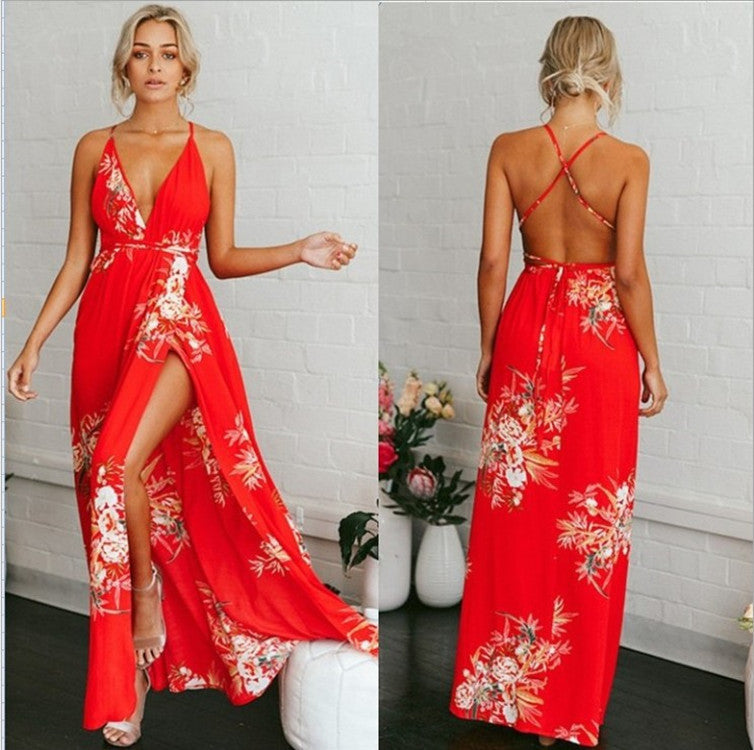 2021 Summer Amazon AliExpress European and American Women's Sexy Printed Sling Halter Slit Beach Dress