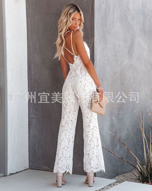 Ins new design 2021 summer sexy temperament women's lace jumpsuit mid-waist casual pants smooth lining