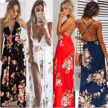 2021 Summer Amazon AliExpress European and American Women's Sexy Printed Sling Halter Slit Beach Dress