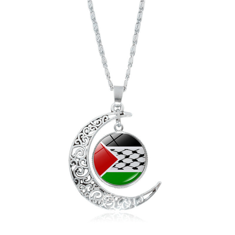 Cross-border Palestinian flag necklace jewelry for women, versatile silver hollow moon pendant, popular small product