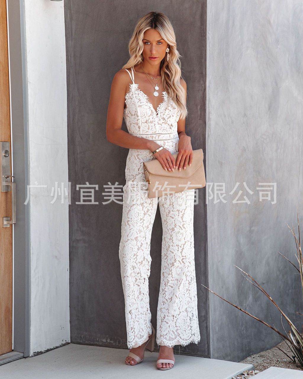 Ins new design 2021 summer sexy temperament women's lace jumpsuit mid-waist casual pants smooth lining