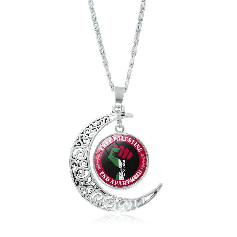 Cross-border Palestinian flag necklace jewelry for women, versatile silver hollow moon pendant, popular small product