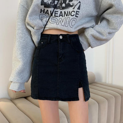 Large size denim skirt for women in summer high waist split hip skirt pants fat MM hot girl skirt slim A-line short skirt