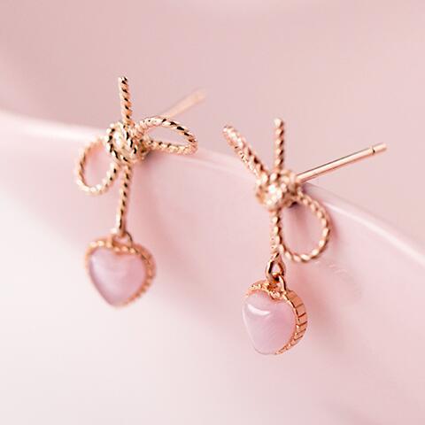 Earrings for women Korean style small fresh bow pink synthetic opal sweet earrings for women