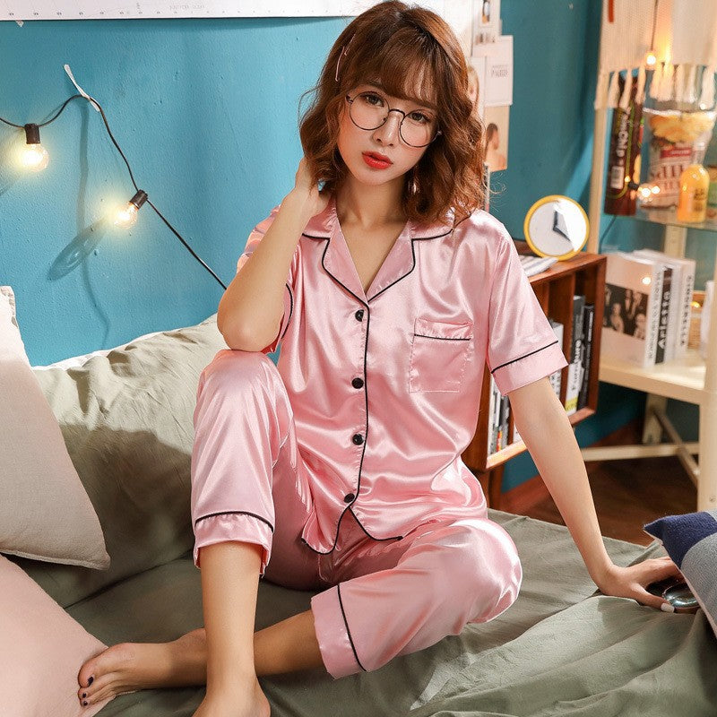 Thailand Japan Dubai cross-border e-commerce imitation silk pajamas plus size plus size silk satin short-sleeved trousers home wear for women