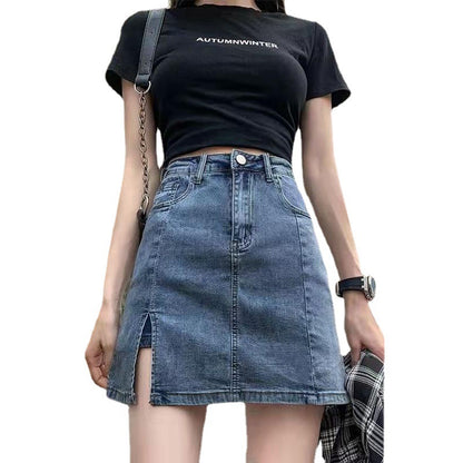 Large size denim skirt for women in summer high waist split hip skirt pants fat MM hot girl skirt slim A-line short skirt