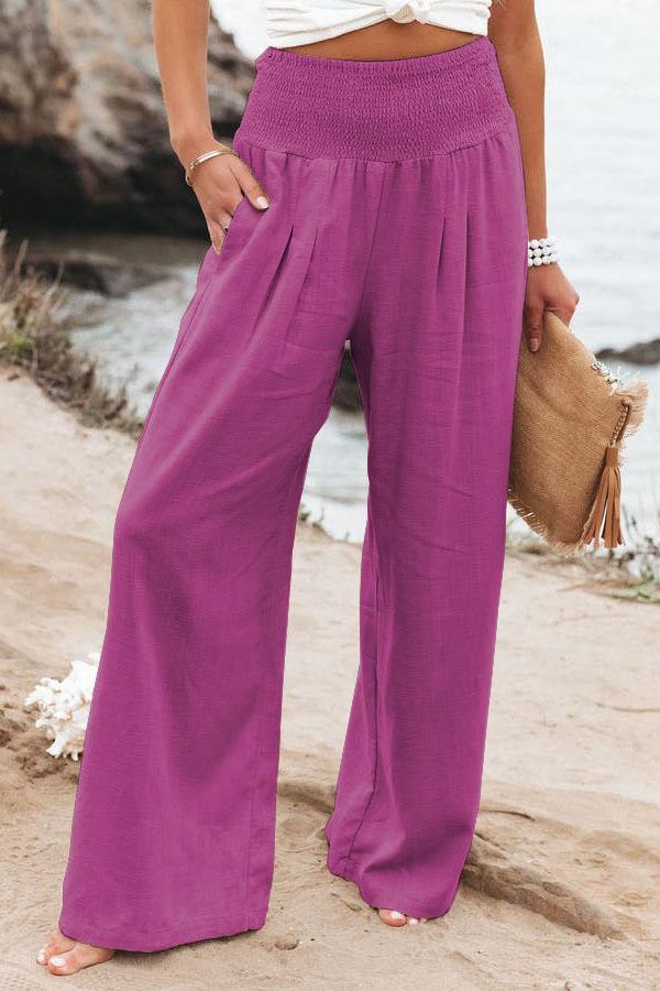 Cross-border independent station Amazon 2024 spring and summer women's clothing cotton and linen solid color elastic waist wide-leg pants casual pants trousers women