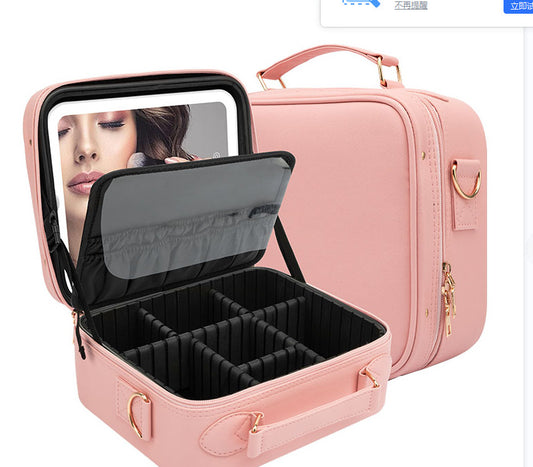 Cross-border portable cosmetic bag with mirror LED light portable large capacity high-end beauty ins travel cosmetic case