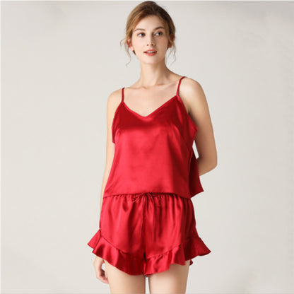 Ladies Summer Pajamas Silk V Neck Suspenders Two-Piece Pajamas Set Sexy Fashion Homewear Set