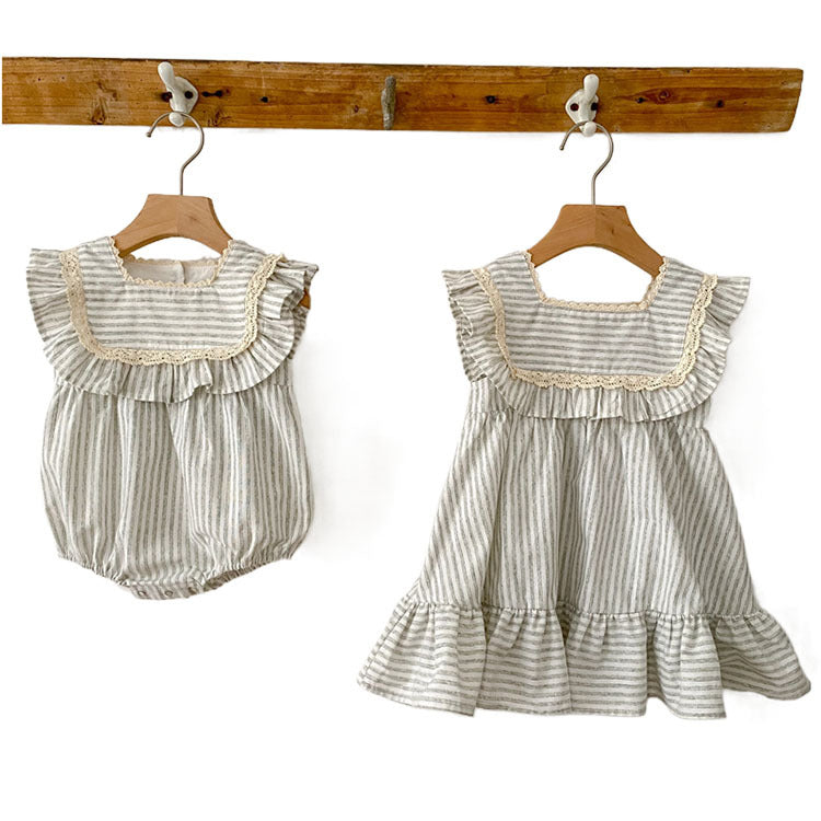 2023 new sister dress Korean version summer striped ruffles girls fashion princess dress baby crawling clothes