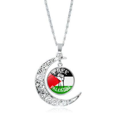 Cross-border Palestinian flag necklace jewelry for women, versatile silver hollow moon pendant, popular small product