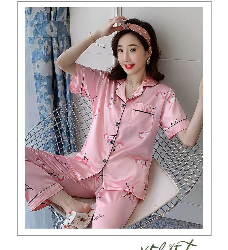 Thailand Japan Dubai cross-border e-commerce imitation silk pajamas plus size plus size silk satin short-sleeved trousers home wear for women