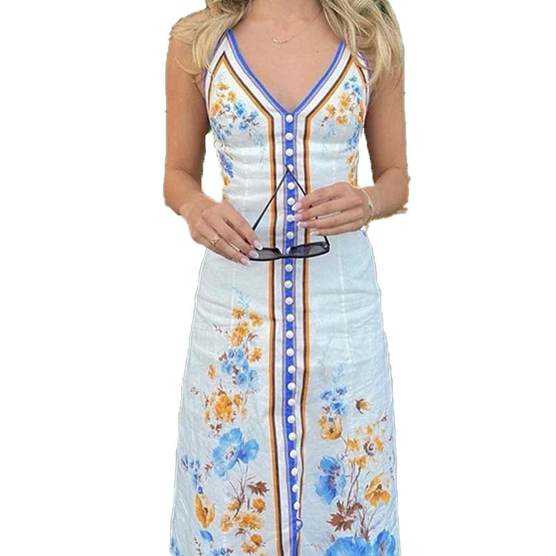 2024 Summer Amazon Fashion Temperament Sleeveless Women Holiday Sea Chic Printed Hanging Neck Ladies Dress