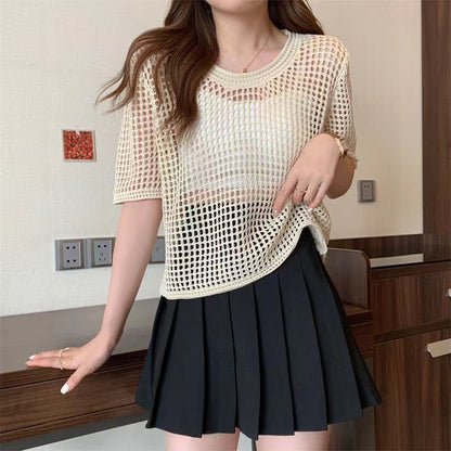 KANING round neck pullover hollow short-sleeved sweater summer thin loose sweet short top sexy blouse