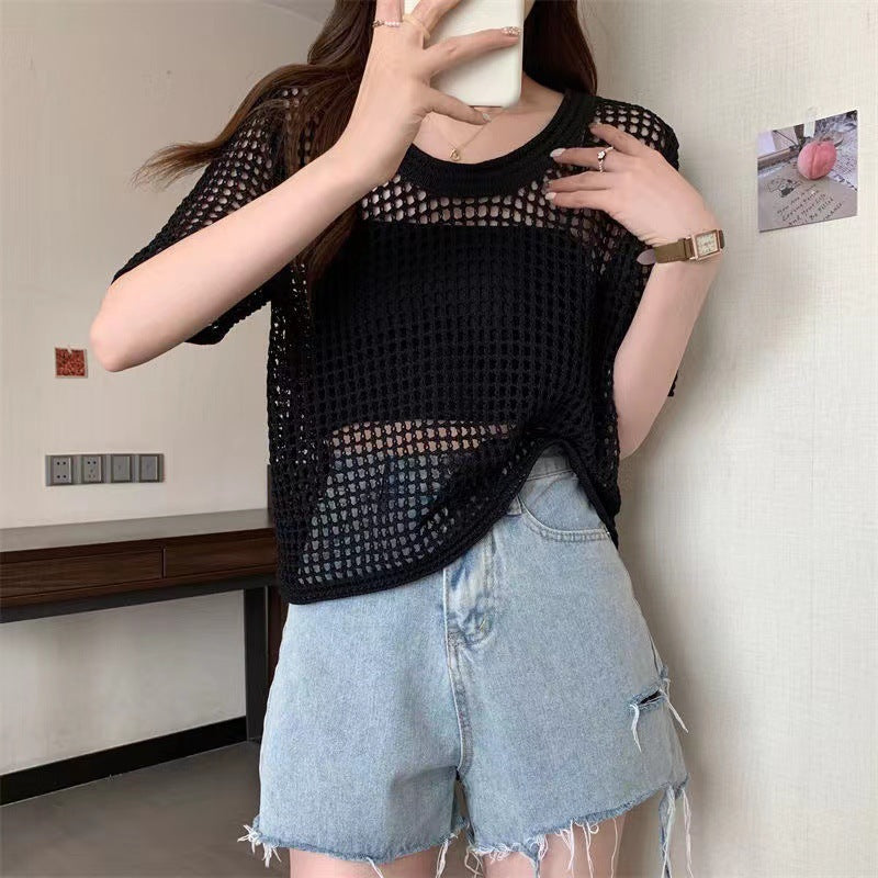 KANING round neck pullover hollow short-sleeved sweater summer thin loose sweet short top sexy blouse