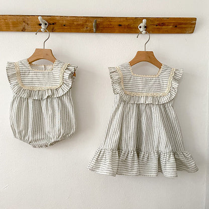 2023 new sister dress Korean version summer striped ruffles girls fashion princess dress baby crawling clothes