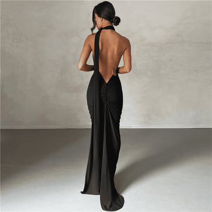 2024 spring and summer new European and American style cross-border women's clothing sexy backless halter neck hip-covering slim evening dress for women