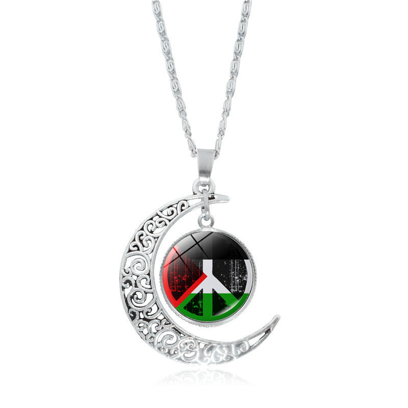 Cross-border Palestinian flag necklace jewelry for women, versatile silver hollow moon pendant, popular small product