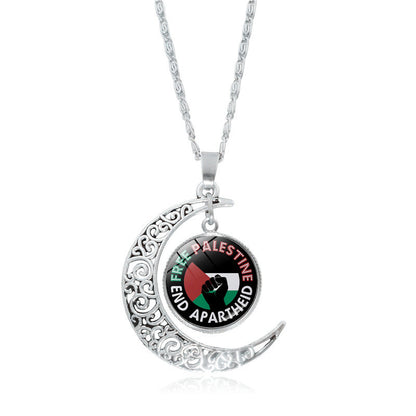 Cross-border Palestinian flag necklace jewelry for women, versatile silver hollow moon pendant, popular small product