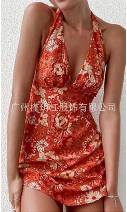 2023 European and American summer beach vacation sexy backless sleeveless trendy short tie dress