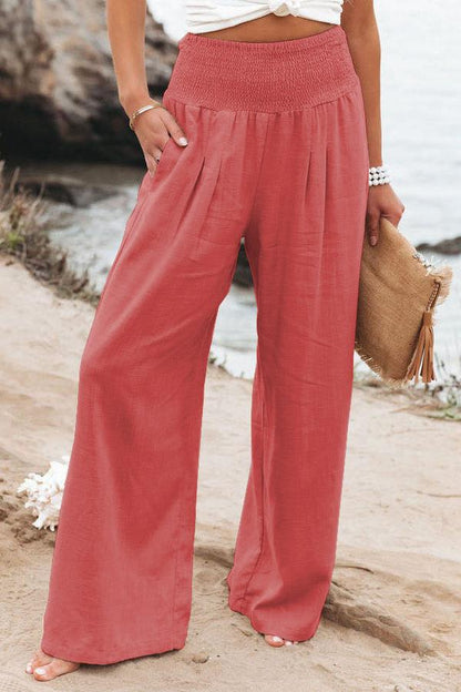 Cross-border independent station Amazon 2024 spring and summer women's clothing cotton and linen solid color elastic waist wide-leg pants casual pants trousers women