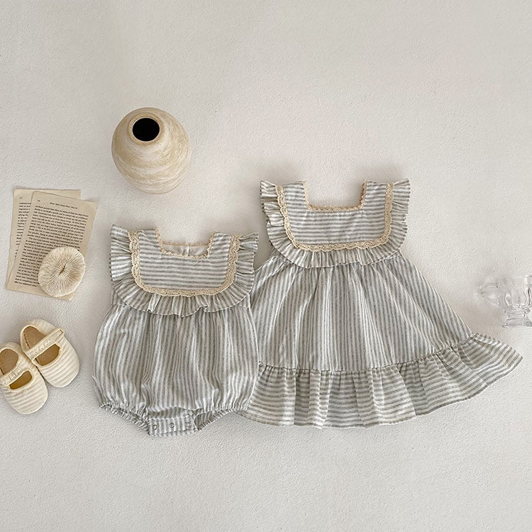 2023 new sister dress Korean version summer striped ruffles girls fashion princess dress baby crawling clothes