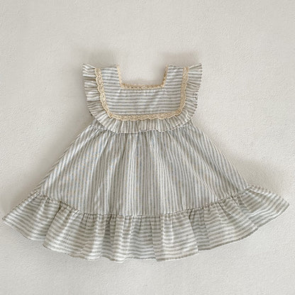 2023 new sister dress Korean version summer striped ruffles girls fashion princess dress baby crawling clothes