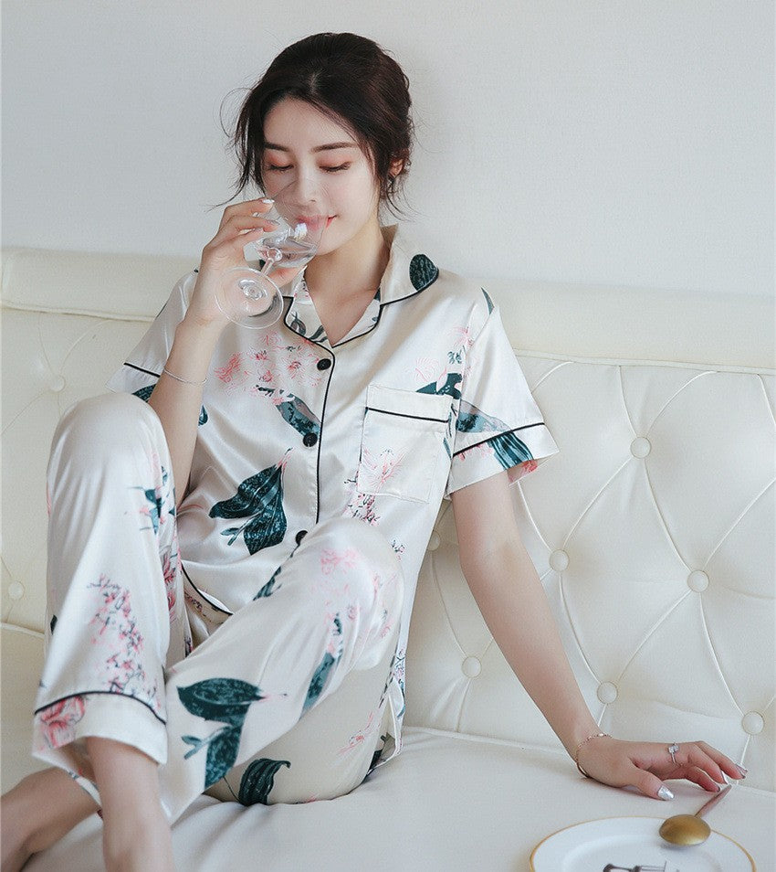 Thailand Japan Dubai cross-border e-commerce imitation silk pajamas plus size plus size silk satin short-sleeved trousers home wear for women